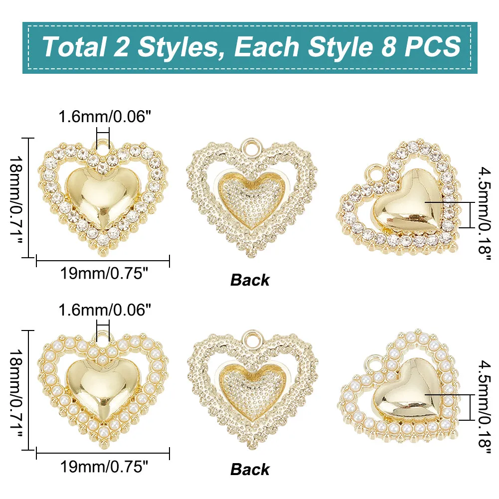 16Pcs 2 Style Alloy Pendants, with ABS Plastic Imitation Pearl  and Crystal Rhinestone, Heart, Light Gold, 18x19x4.5mm, Hole: 1.6mm, 8pcs/style