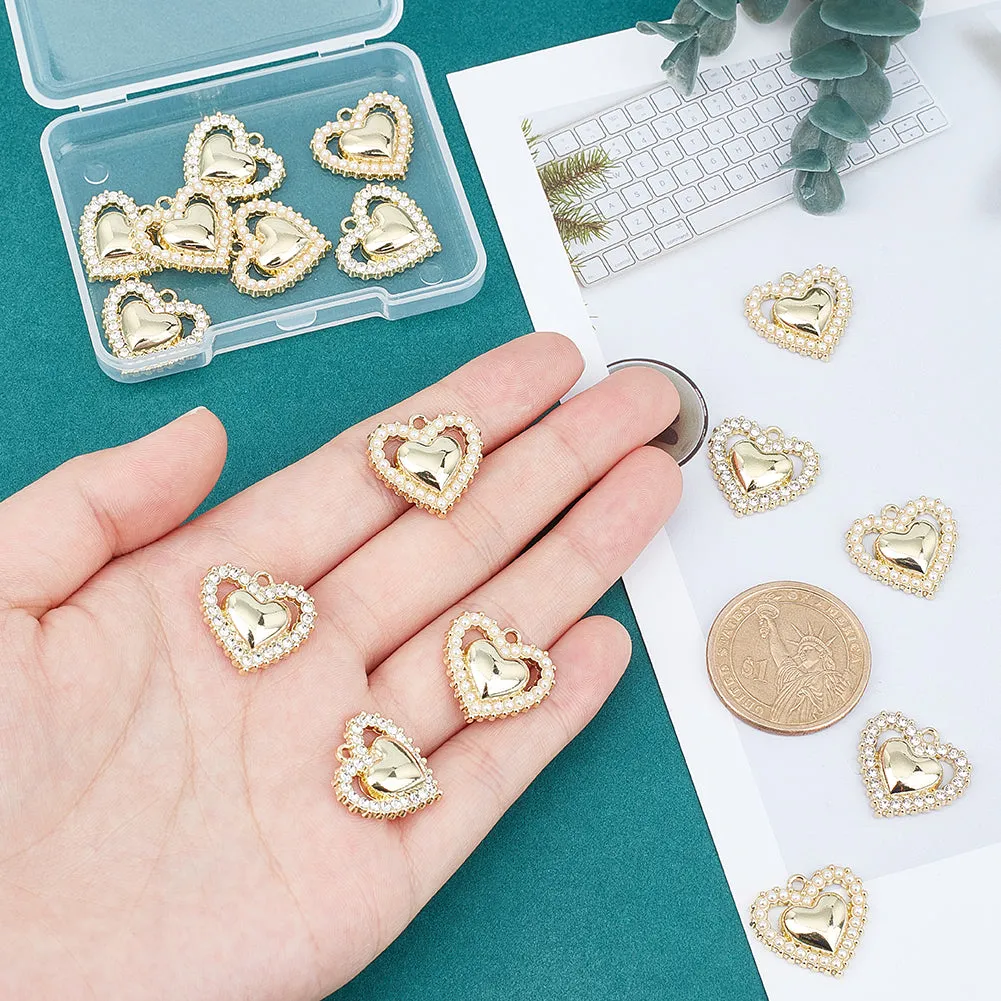 16Pcs 2 Style Alloy Pendants, with ABS Plastic Imitation Pearl  and Crystal Rhinestone, Heart, Light Gold, 18x19x4.5mm, Hole: 1.6mm, 8pcs/style