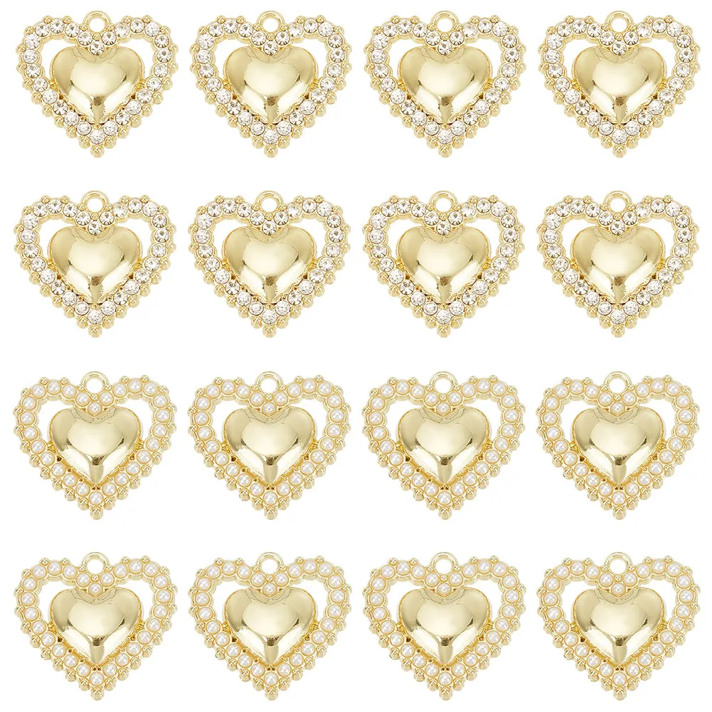 16Pcs 2 Style Alloy Pendants, with ABS Plastic Imitation Pearl  and Crystal Rhinestone, Heart, Light Gold, 18x19x4.5mm, Hole: 1.6mm, 8pcs/style