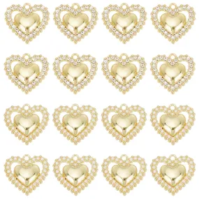 16Pcs 2 Style Alloy Pendants, with ABS Plastic Imitation Pearl  and Crystal Rhinestone, Heart, Light Gold, 18x19x4.5mm, Hole: 1.6mm, 8pcs/style