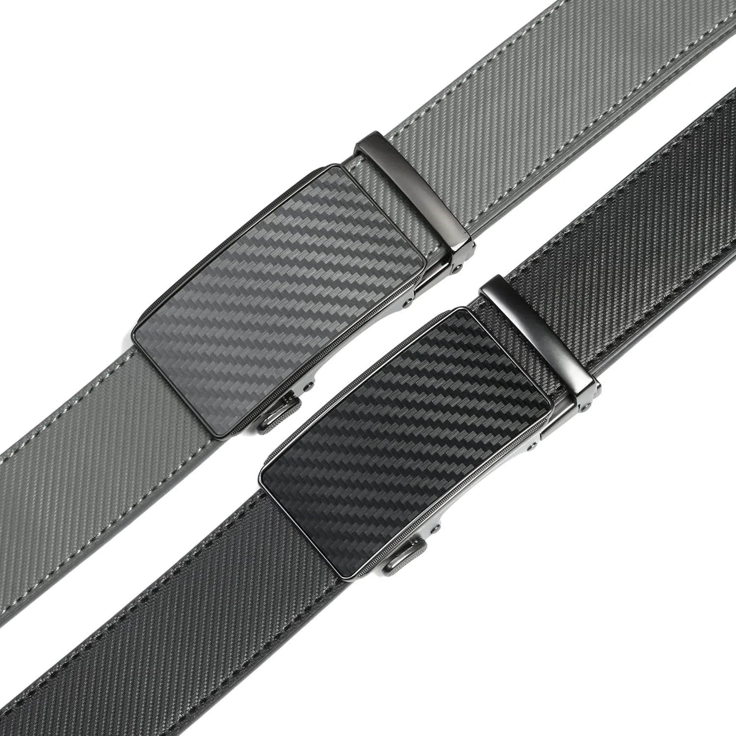 2 Pack Ratchet Belt 1 3/8", Leather Dress Belt with Click Sliding Buckle in Gift Set Box, Mens Adjustable Belt Trim to Fit (Carbon Fiber Black/Gray/Grey, 28"-42" Waist Adjustable)