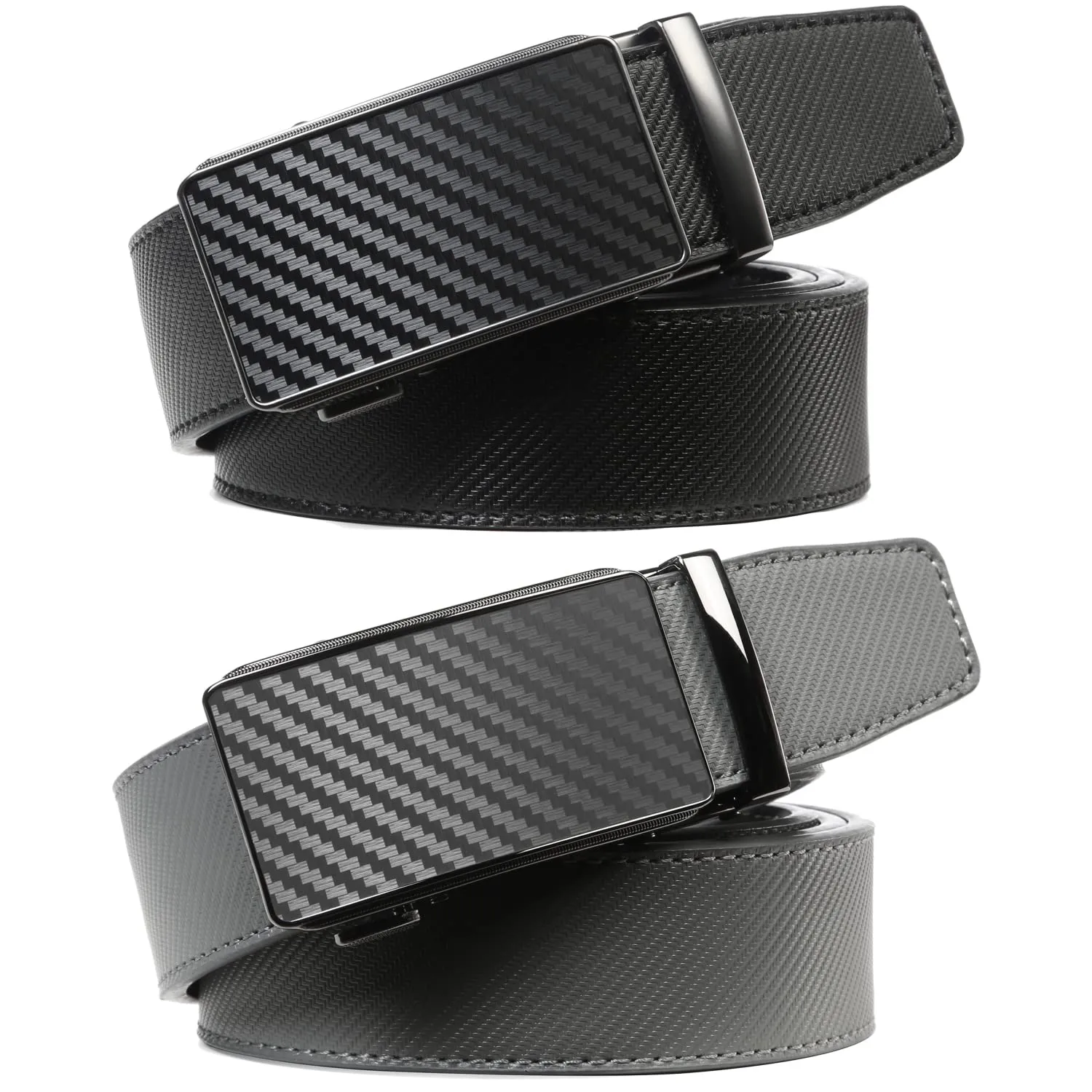 2 Pack Ratchet Belt 1 3/8", Leather Dress Belt with Click Sliding Buckle in Gift Set Box, Mens Adjustable Belt Trim to Fit (Carbon Fiber Black/Gray/Grey, 28"-42" Waist Adjustable)