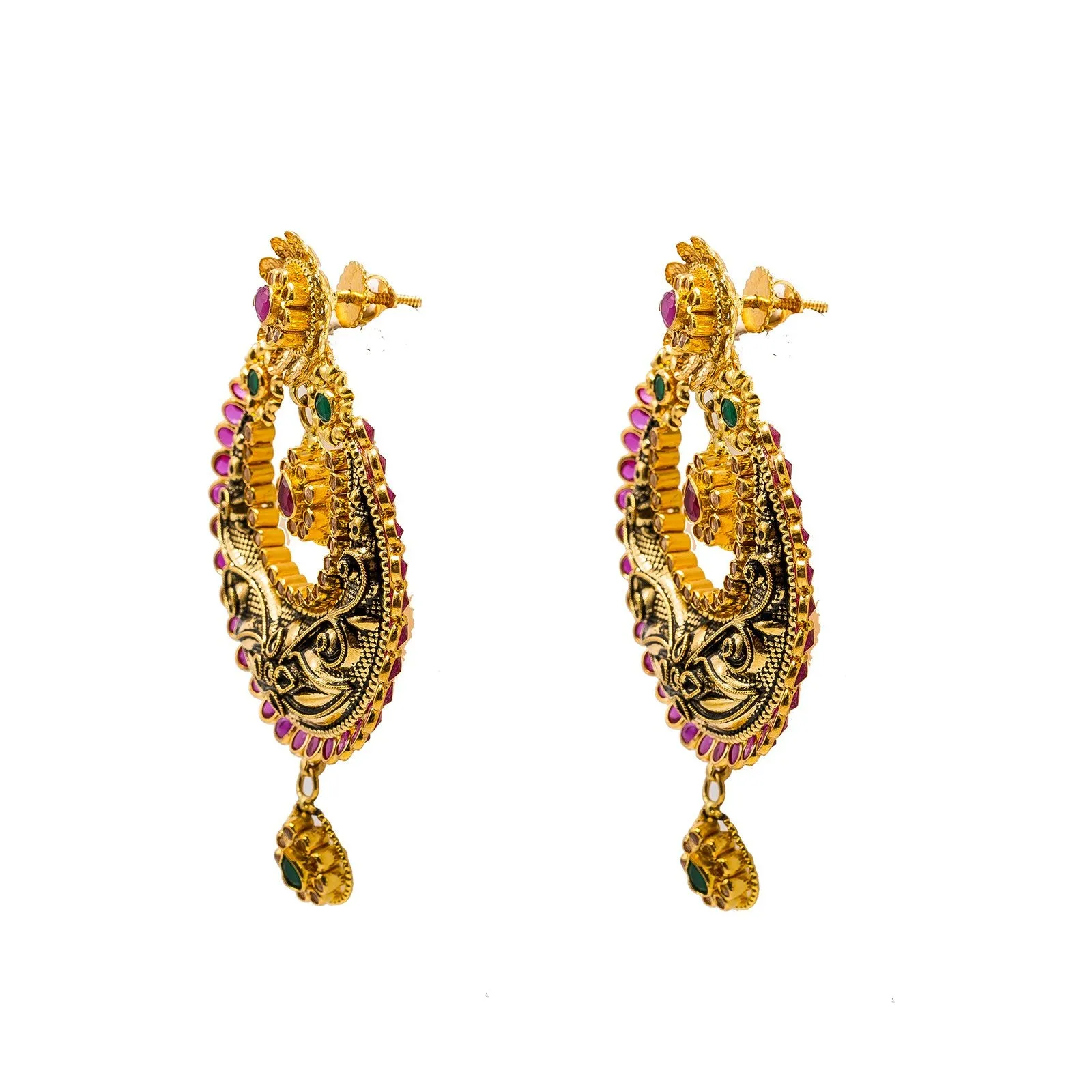 22K Yellow Gold Necklace & Earrings Set W/ Rubies, Emeralds, CZ Gems & Antique Finish Chandbali Pendants