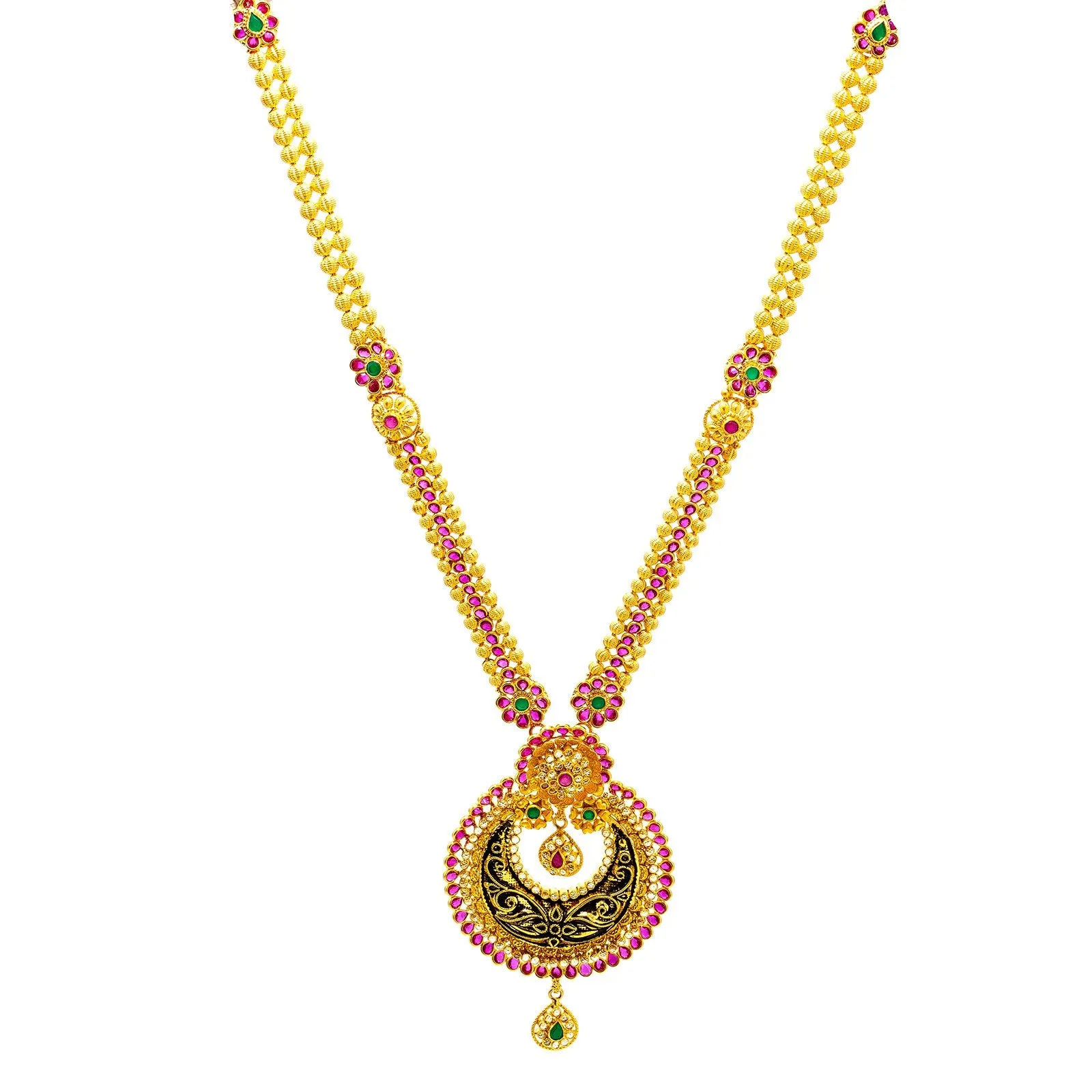 22K Yellow Gold Necklace & Earrings Set W/ Rubies, Emeralds, CZ Gems & Antique Finish Chandbali Pendants