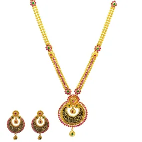 22K Yellow Gold Necklace & Earrings Set W/ Rubies, Emeralds, CZ Gems & Antique Finish Chandbali Pendants