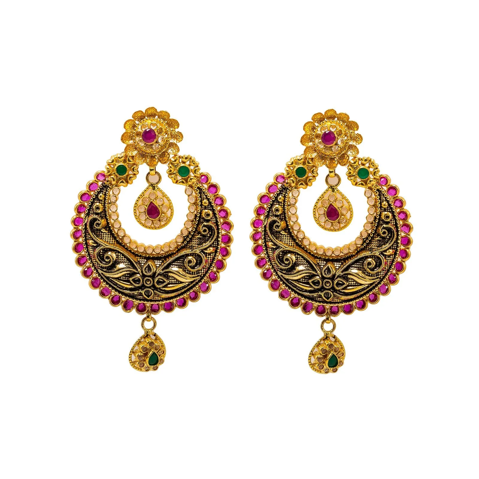 22K Yellow Gold Necklace & Earrings Set W/ Rubies, Emeralds, CZ Gems & Antique Finish Chandbali Pendants