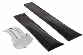 22MM LEATHER BAND STRAP FOR TAG HEUER MONACO CARRERA   CLASP BLACK RED STITCH TQ