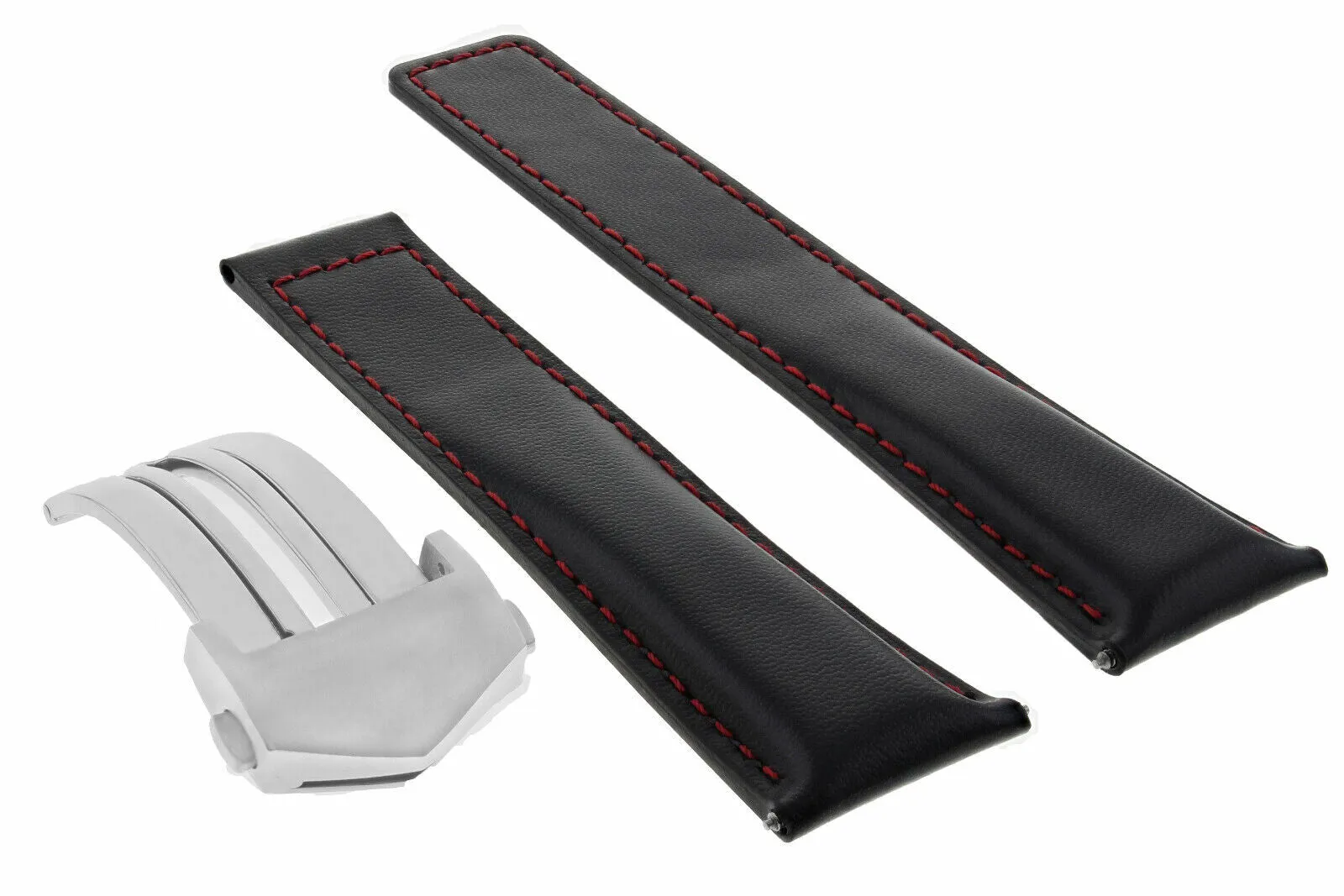 22MM LEATHER BAND STRAP FOR TAG HEUER MONACO CARRERA   CLASP BLACK RED STITCH TQ