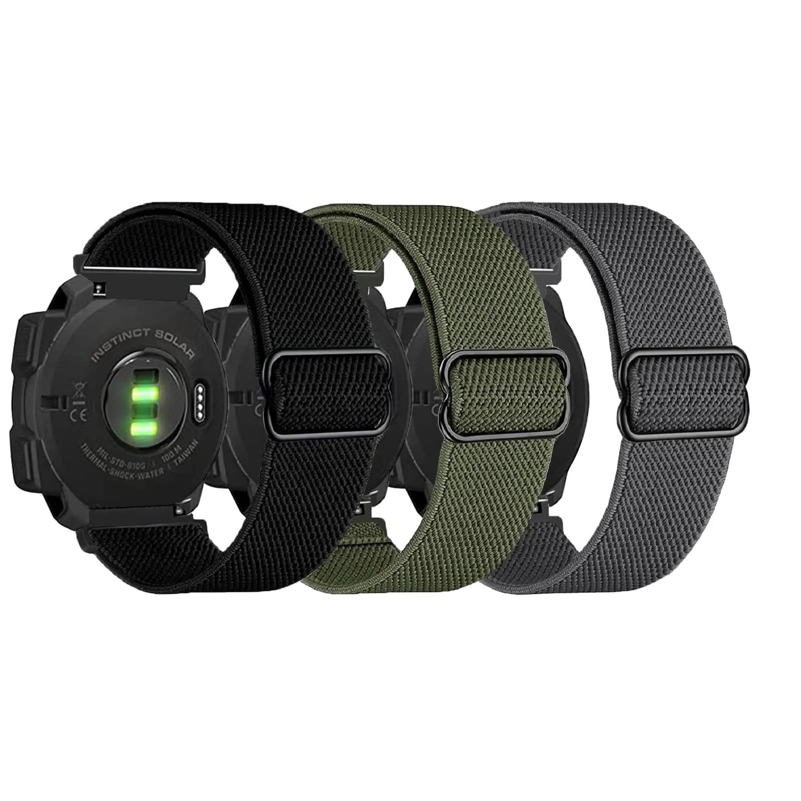 3 Packs Stretchy Nylon Bands Compatible with Garmin Instinct/Instinct 2 Solar, 22mm Sport Breathable Wristband for Garmin Instinct Tactical/Solar/Tide/Esports Black/Gray/Army Green