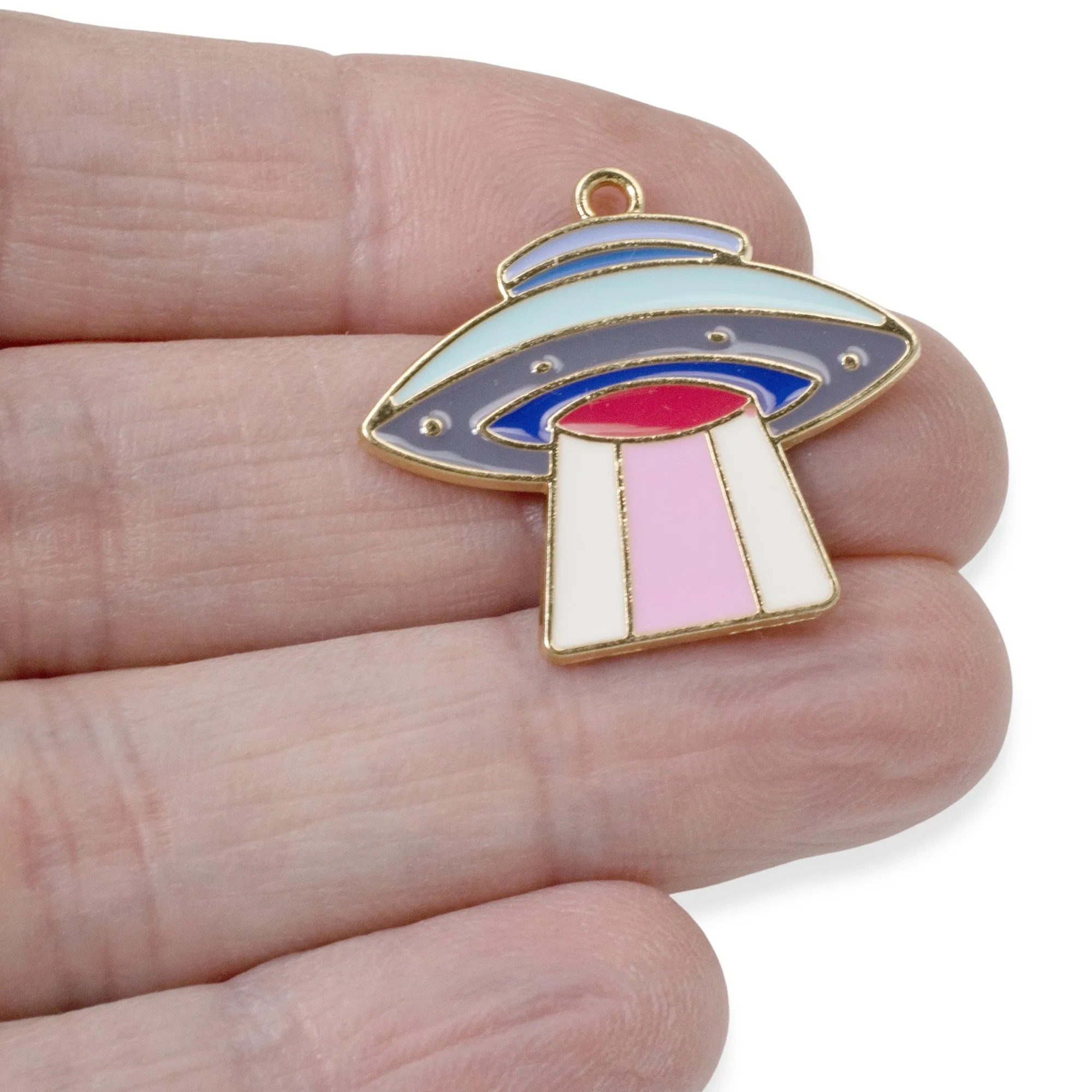 5 UFO Enamel Spaceship Pendants, Colorful Sci-Fi Charms for Space-Themed Crafts