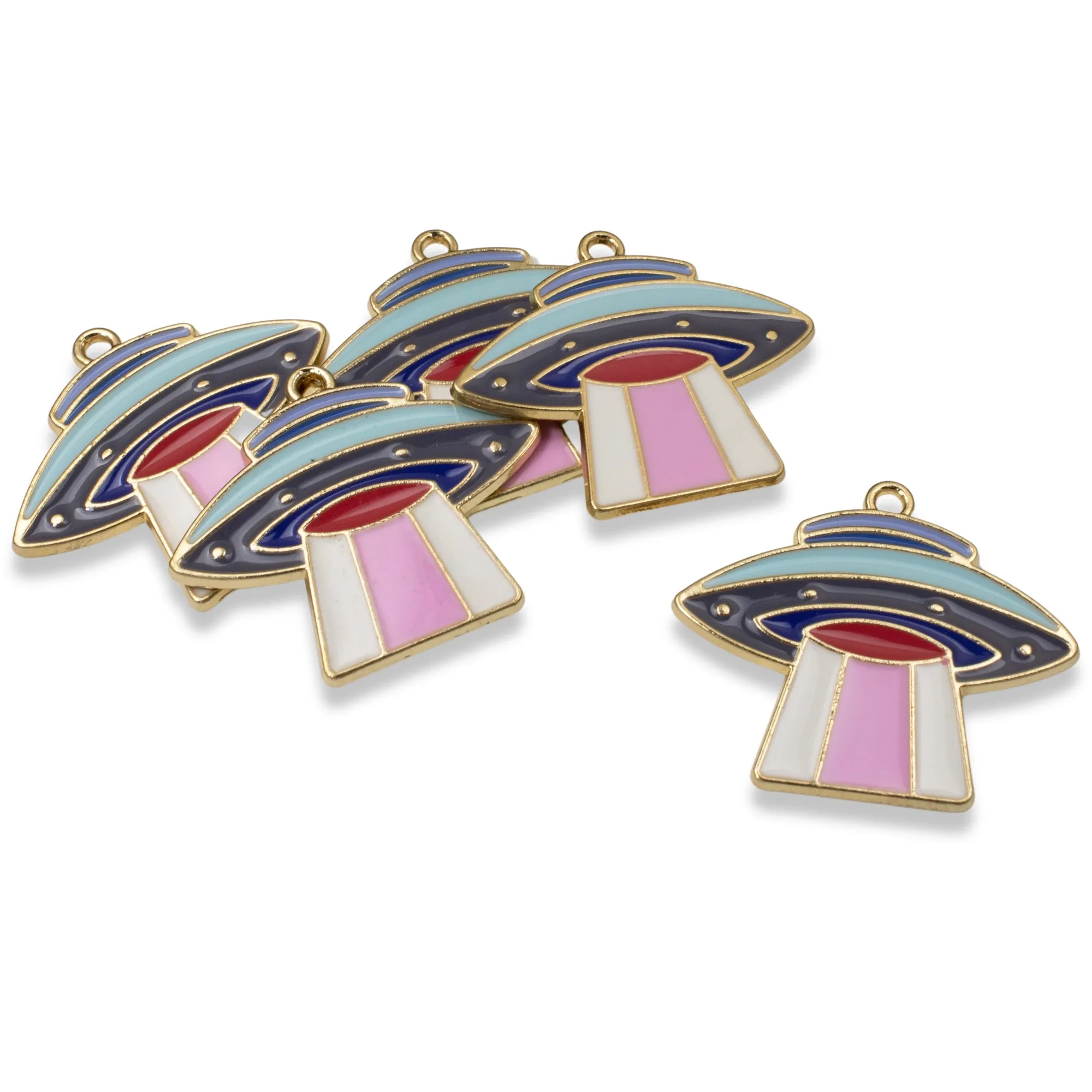 5 UFO Enamel Spaceship Pendants, Colorful Sci-Fi Charms for Space-Themed Crafts