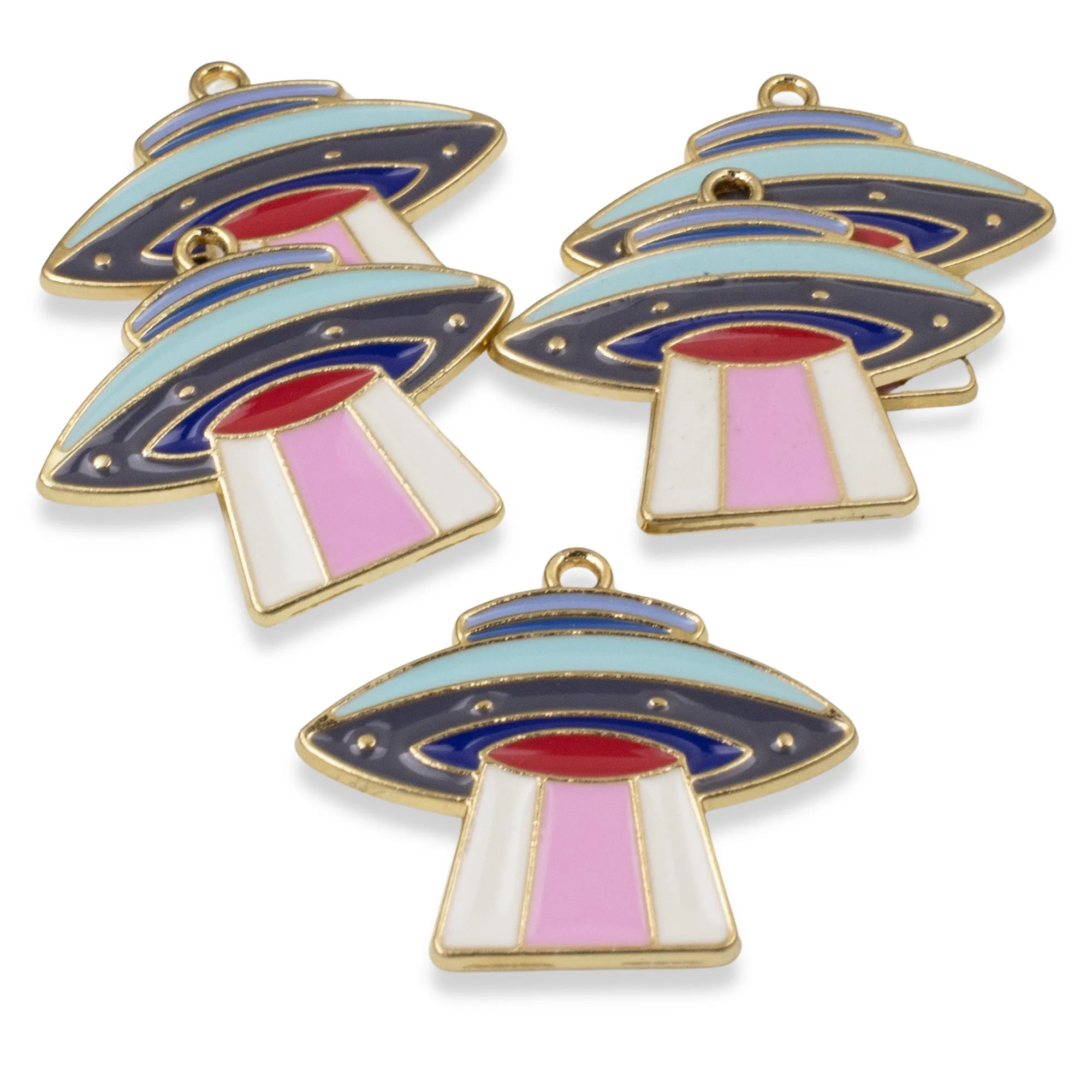 5 UFO Enamel Spaceship Pendants, Colorful Sci-Fi Charms for Space-Themed Crafts