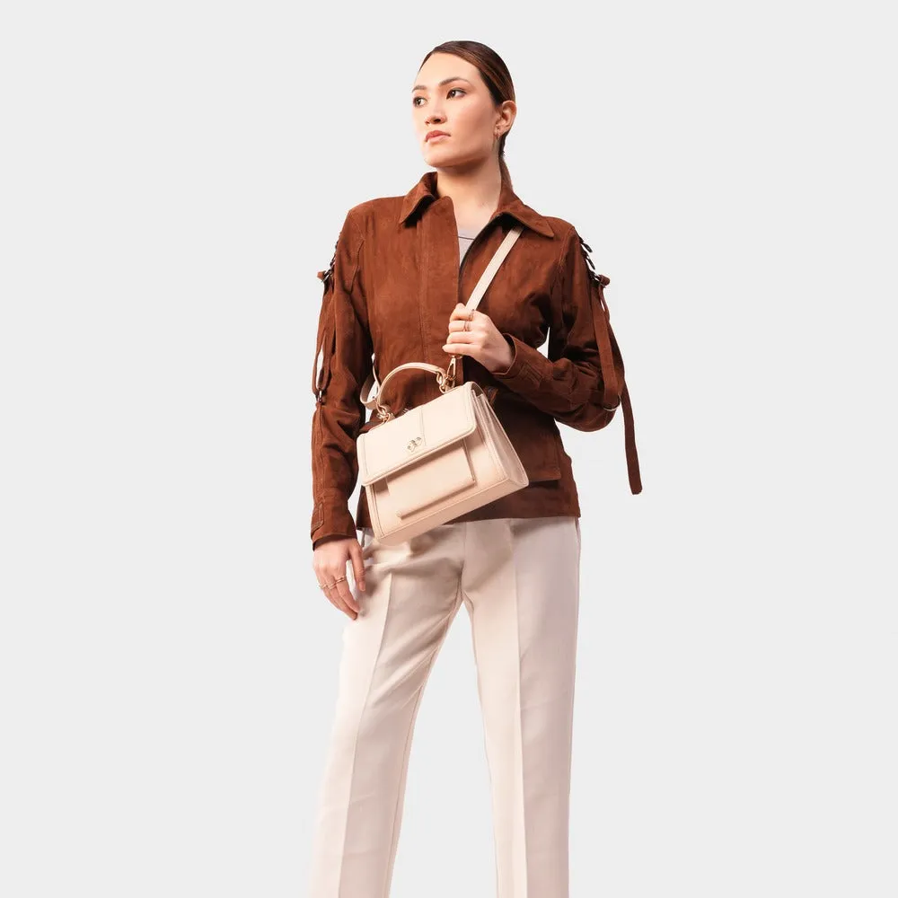 90 Feet Zoya Beige Structured Leather Sling Bag