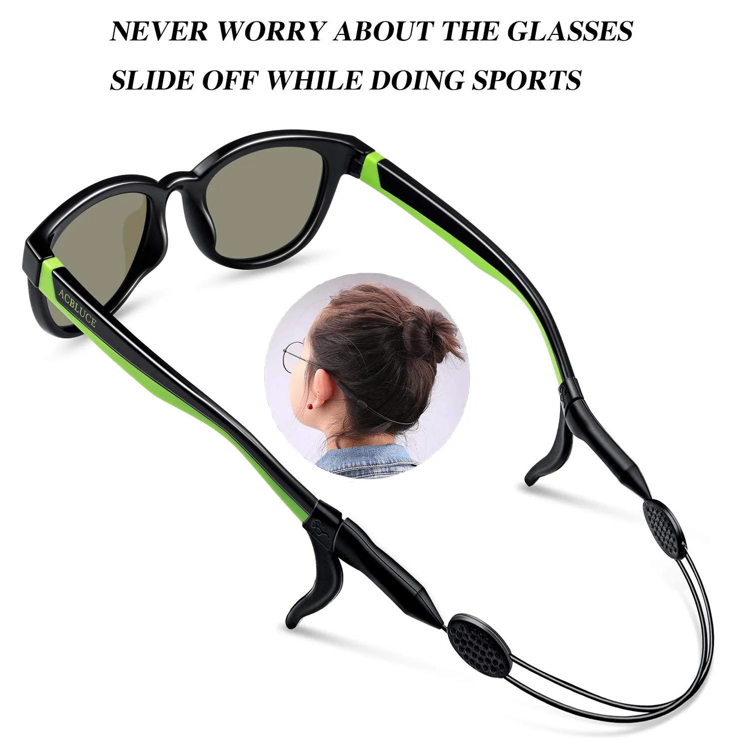 ACBLUCE Kids Polarized Sports Sunglasses TPEE Frame with Adjustable Strap for Boys Girls Age 6-12 A-bright Black/Green Frame|green Revo Lense