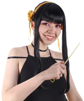 Adult Women’s Japanese Anime Series Long Black Straight Wig With Headpiece | Best for Halloween | Flame-retardant Synthetic Fiber