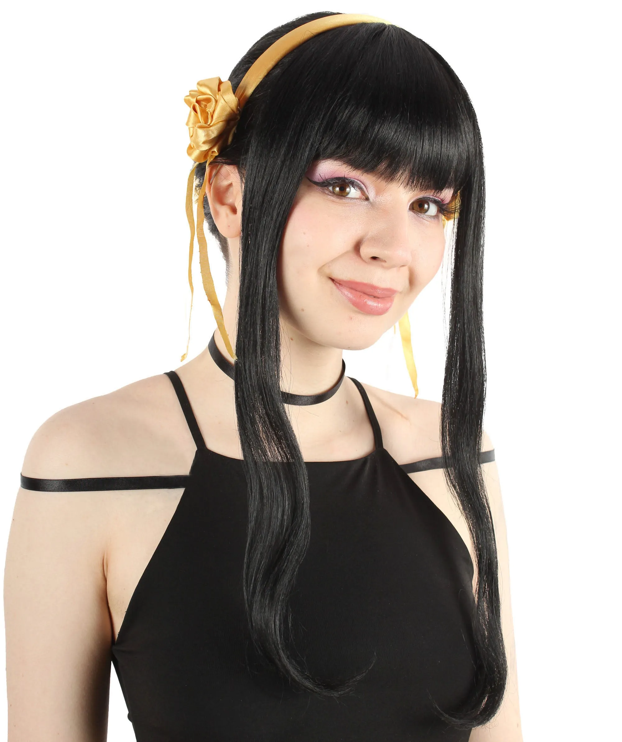 Adult Women’s Japanese Anime Series Long Black Straight Wig With Headpiece | Best for Halloween | Flame-retardant Synthetic Fiber