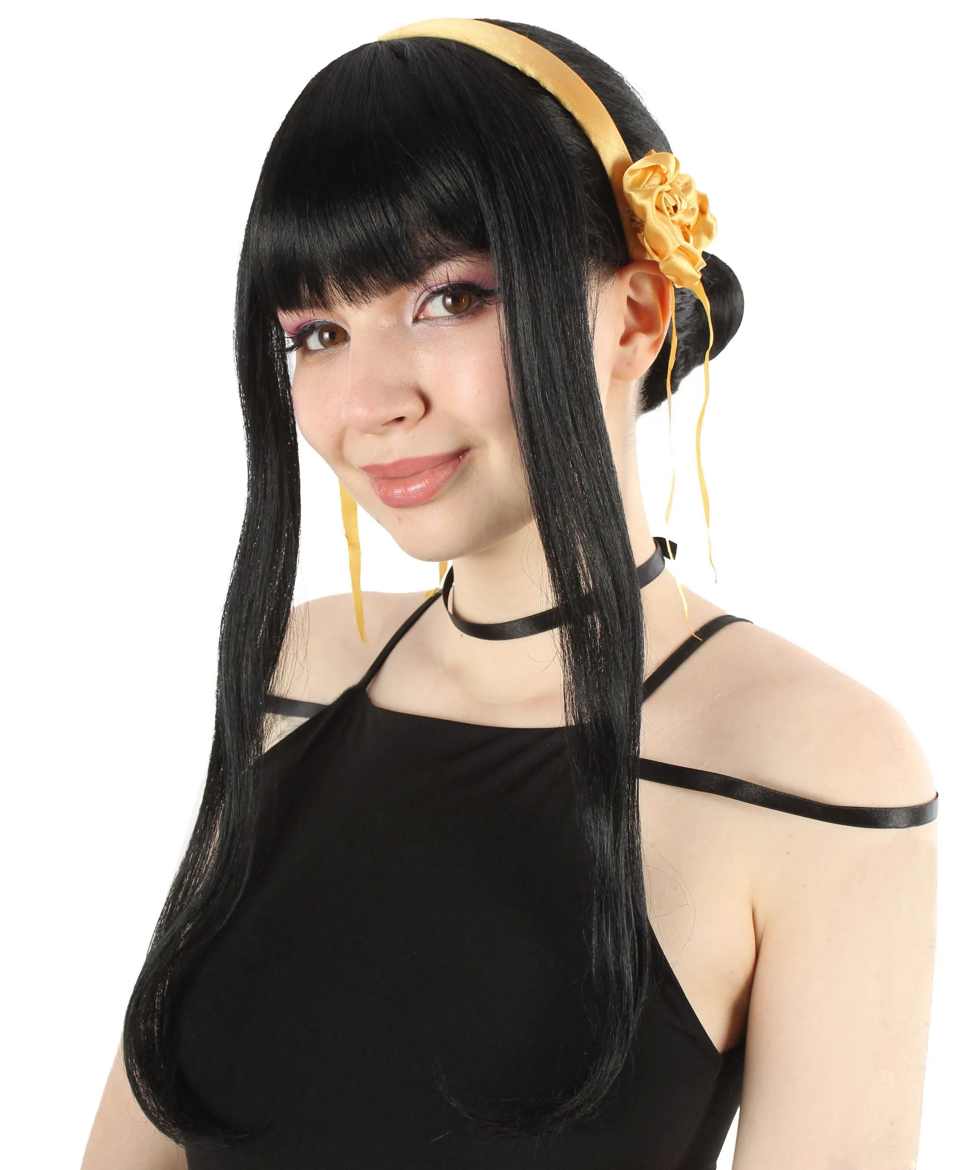 Adult Women’s Japanese Anime Series Long Black Straight Wig With Headpiece | Best for Halloween | Flame-retardant Synthetic Fiber