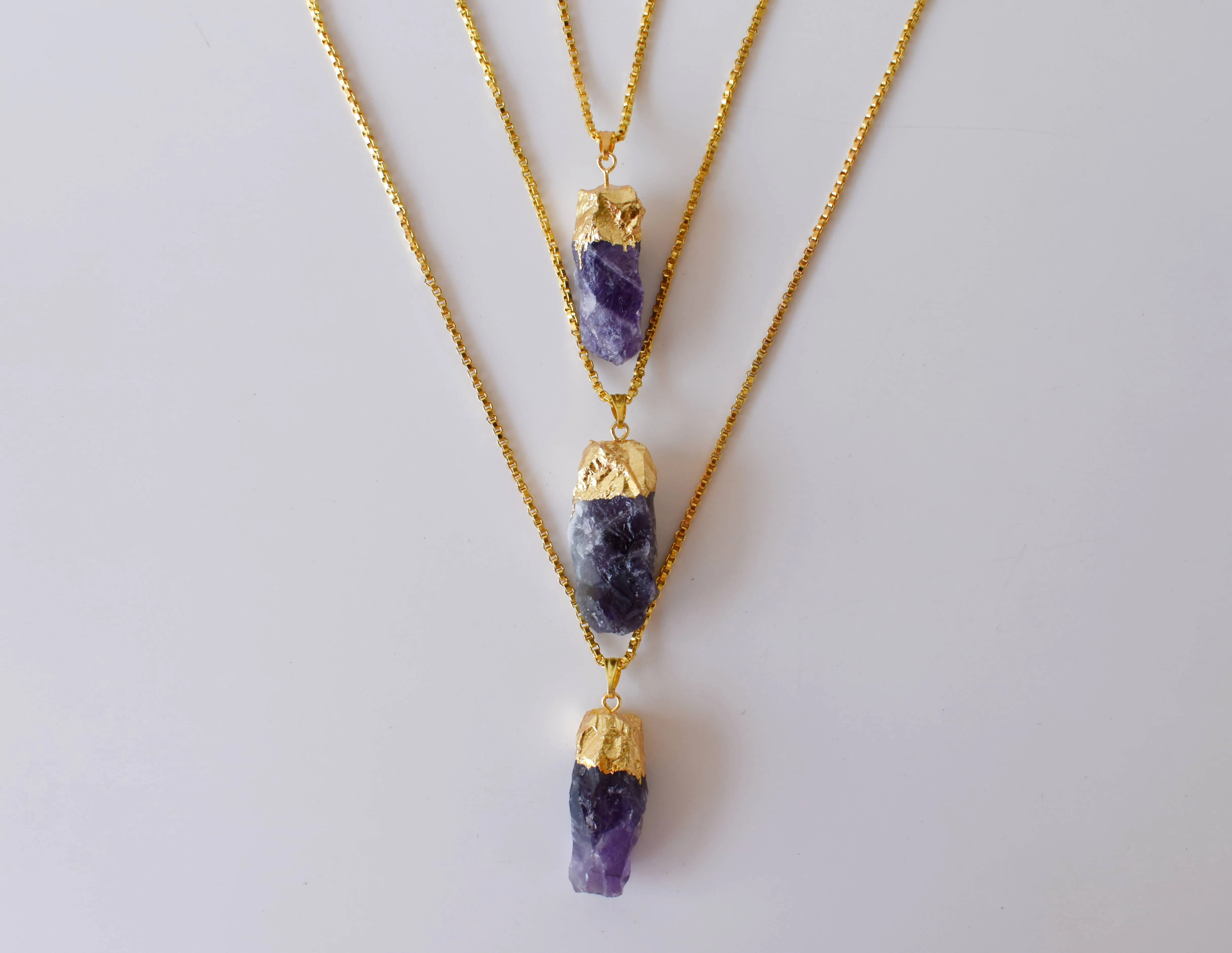 Amethyst Rough Stone Pendants, Natural Gemstone Electroplated Gold Necklaces.