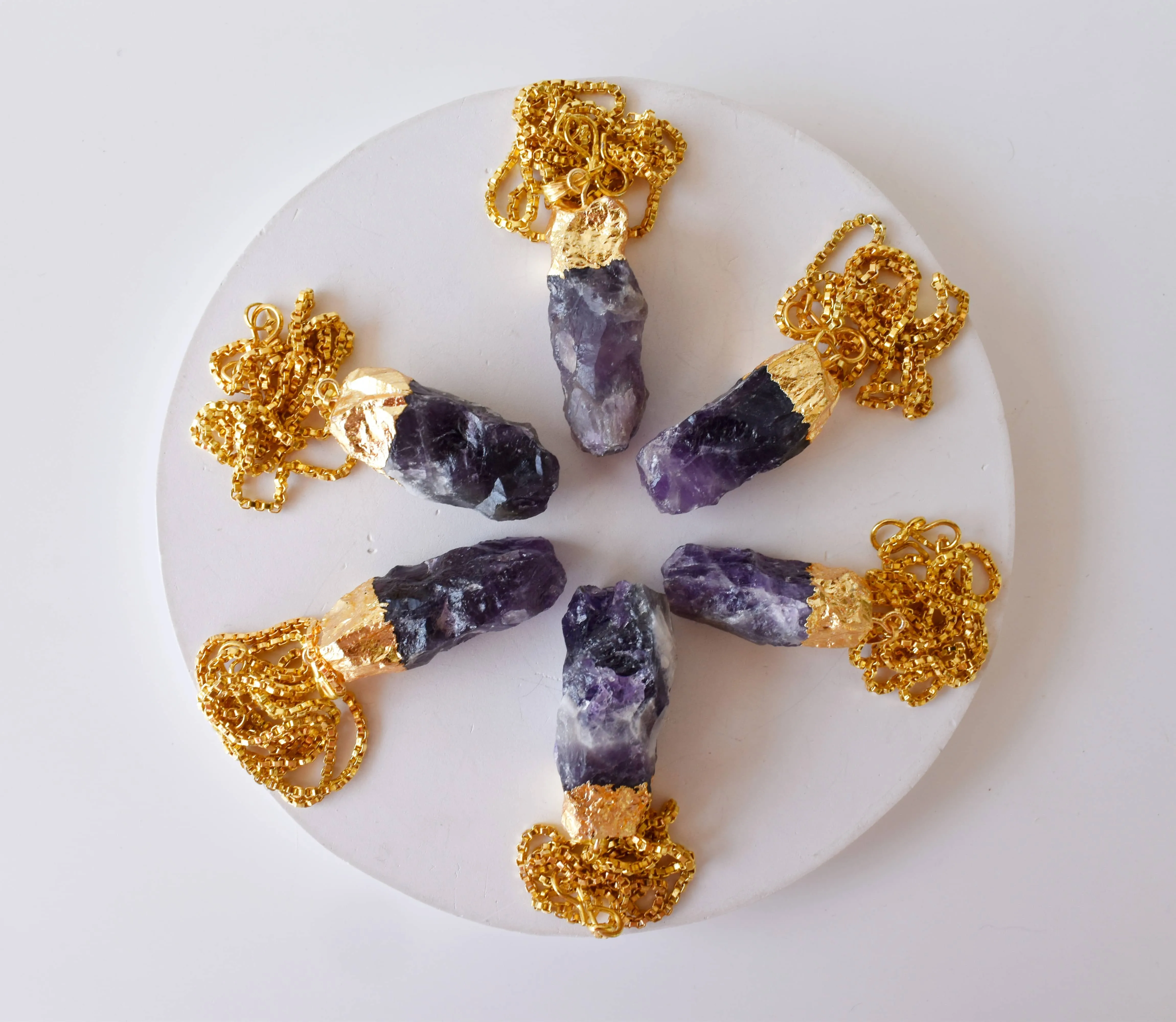 Amethyst Rough Stone Pendants, Natural Gemstone Electroplated Gold Necklaces.