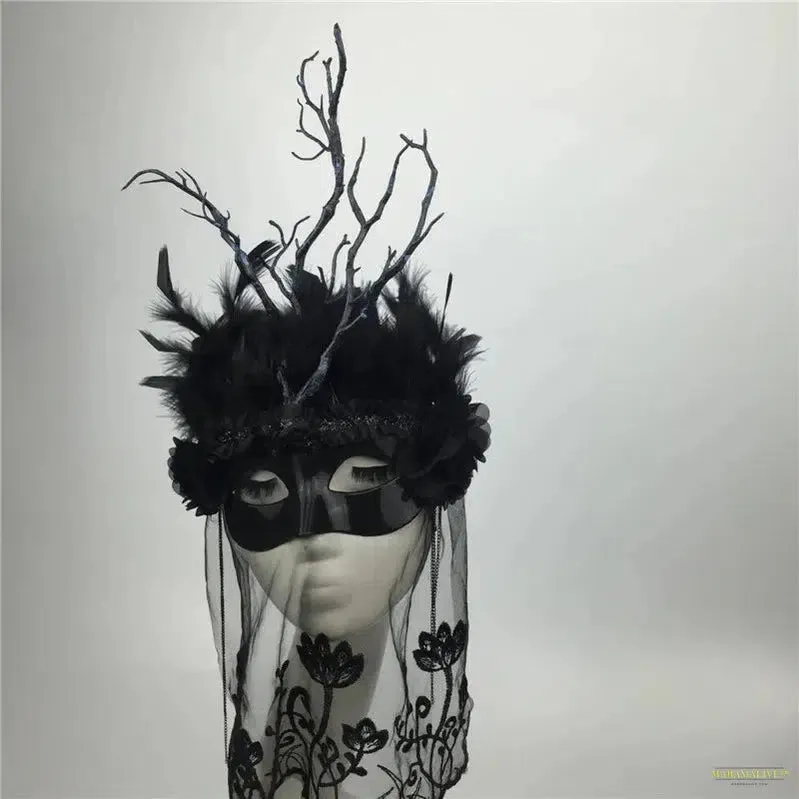 Black White Color Feather Girl Mask Branches Feather Headwear Party Cosplay Model Catwalk Makeup Props Accessories Face Veil