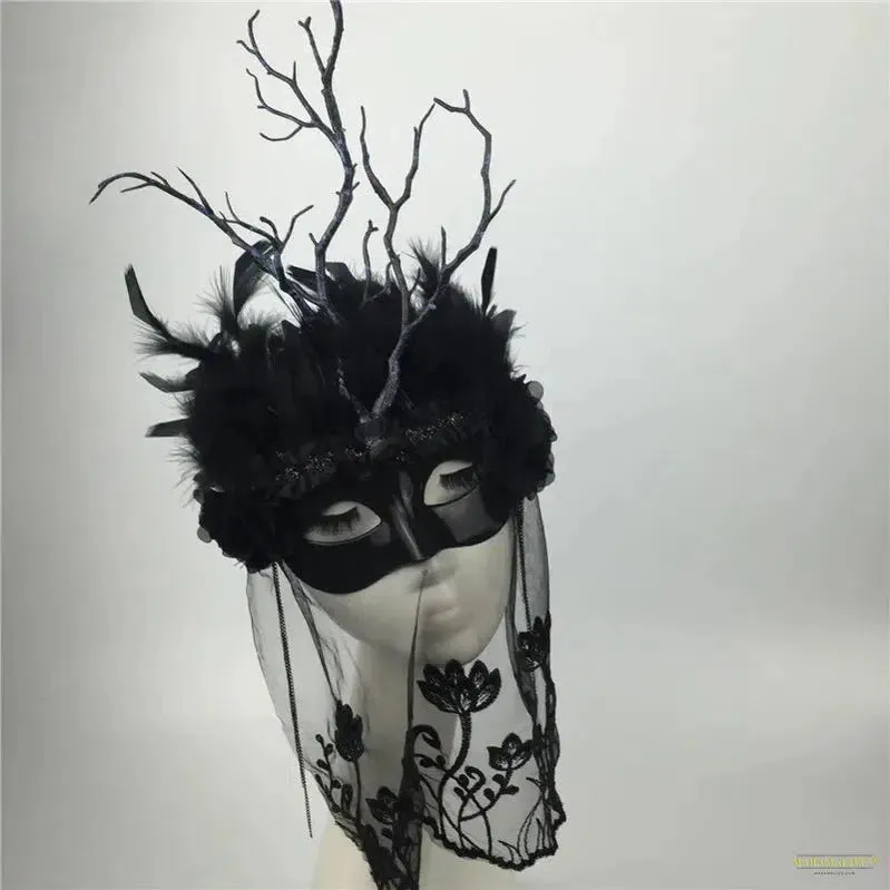 Black White Color Feather Girl Mask Branches Feather Headwear Party Cosplay Model Catwalk Makeup Props Accessories Face Veil