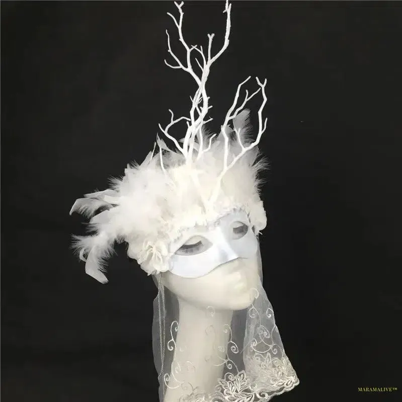 Black White Color Feather Girl Mask Branches Feather Headwear Party Cosplay Model Catwalk Makeup Props Accessories Face Veil