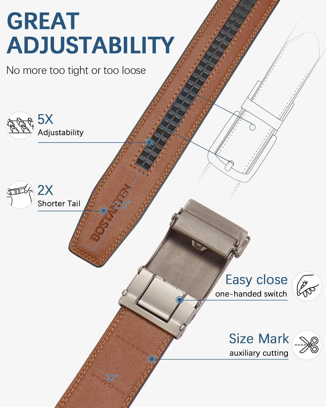 BOSTANTEN Mens Belt Leather Ratchet Belt For Men Dress and Casual with Adjustable Buckle, Trim to Fit
