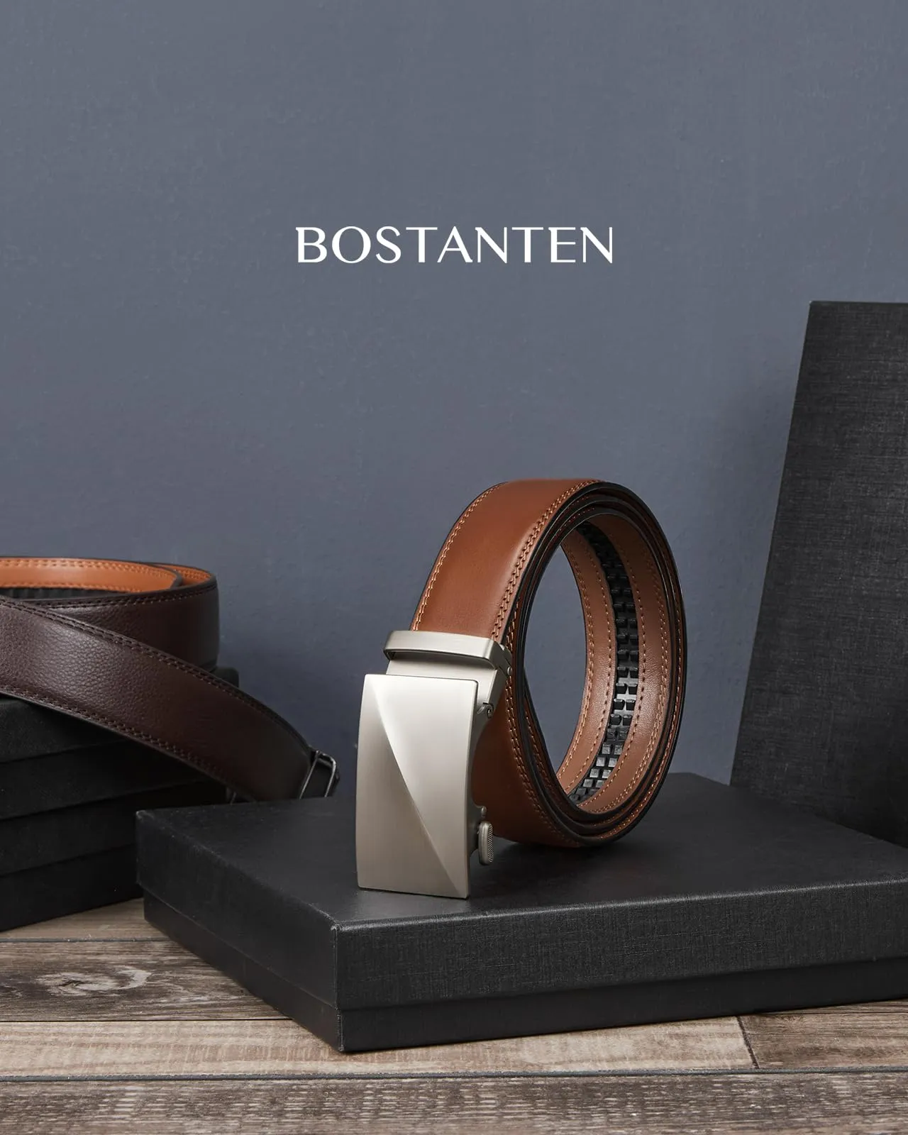 BOSTANTEN Mens Belt Leather Ratchet Belt For Men Dress and Casual with Adjustable Buckle, Trim to Fit
