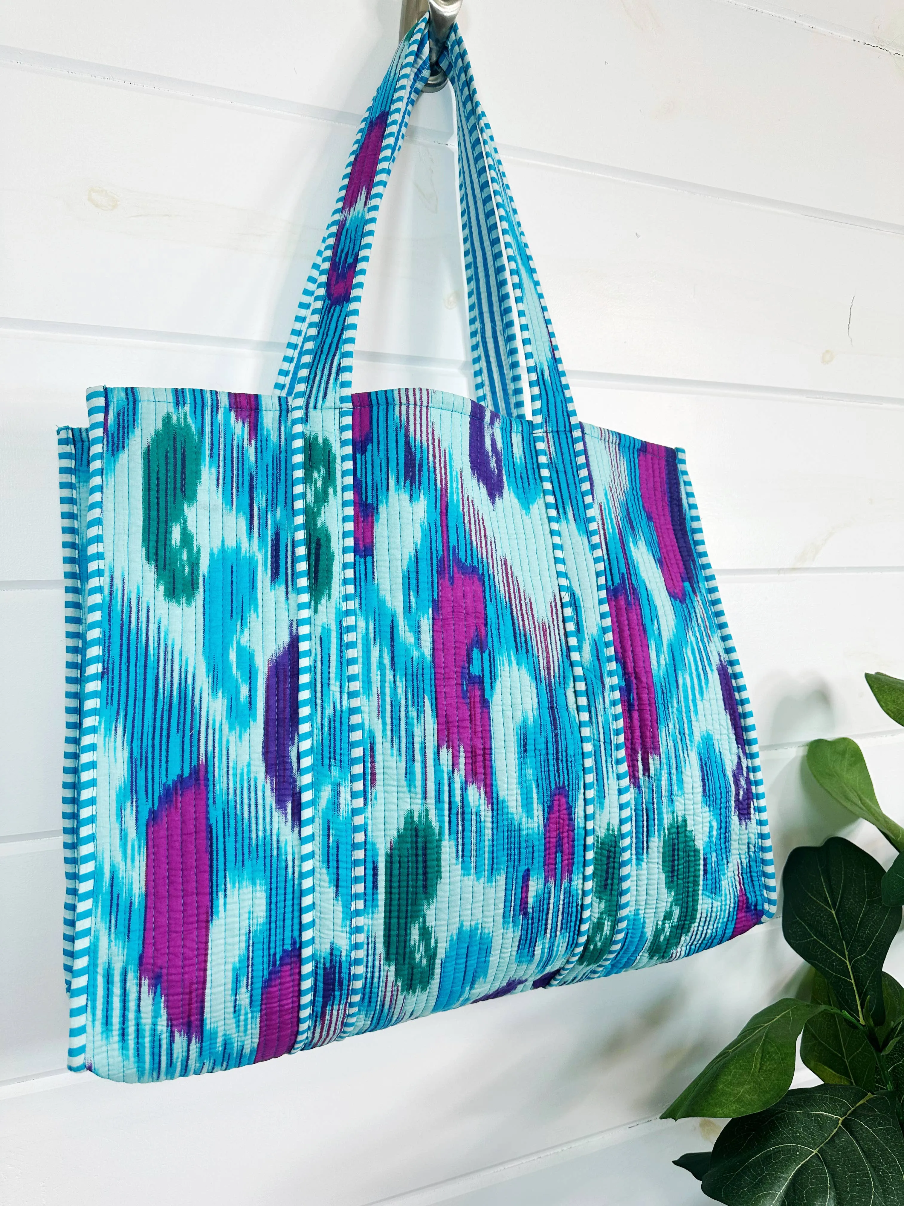 Cotton Quilted Block Print Tote Bag - Aqua Blue Ikat Tie Dye