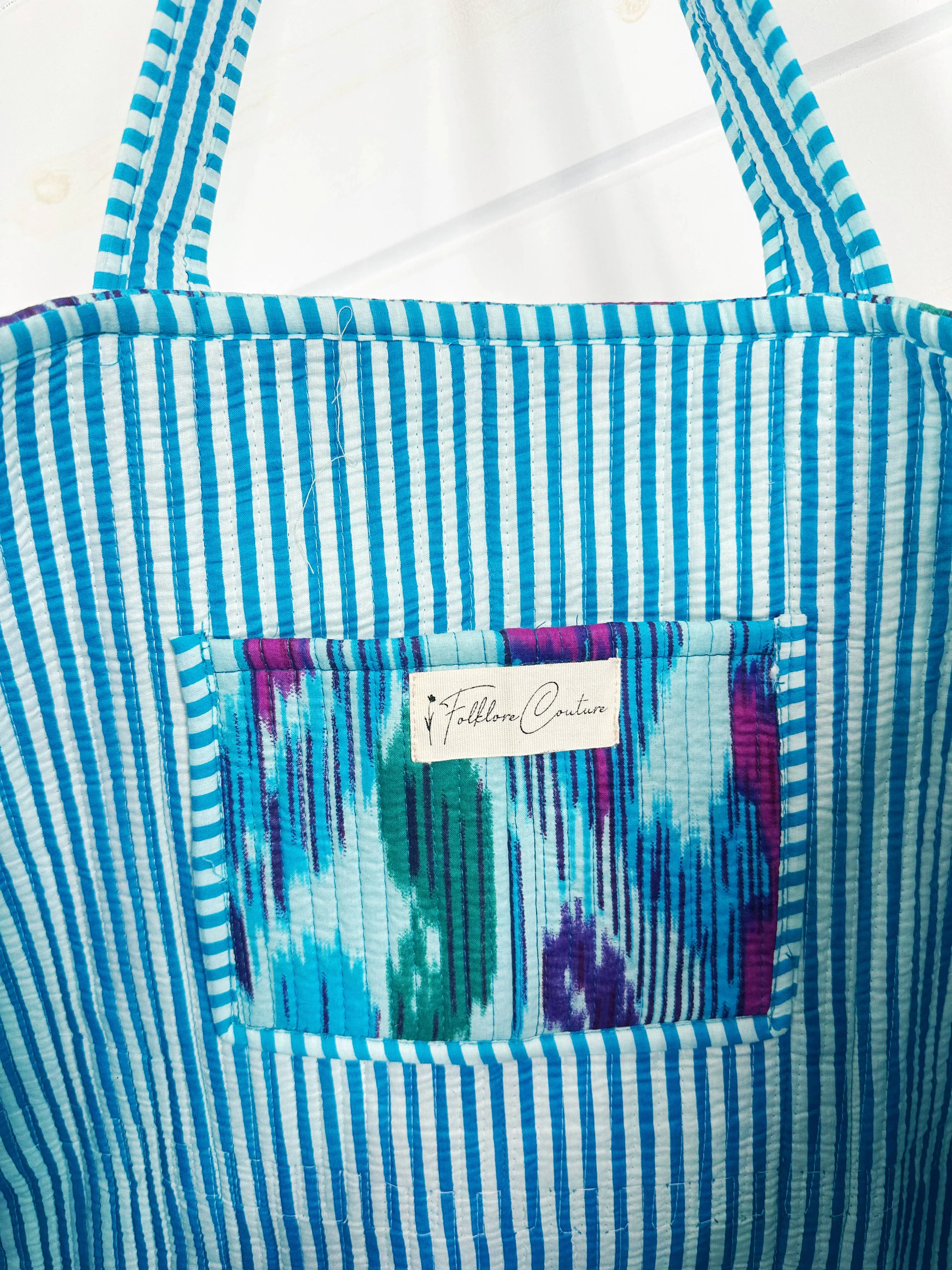 Cotton Quilted Block Print Tote Bag - Aqua Blue Ikat Tie Dye