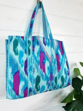 Cotton Quilted Block Print Tote Bag - Aqua Blue Ikat Tie Dye