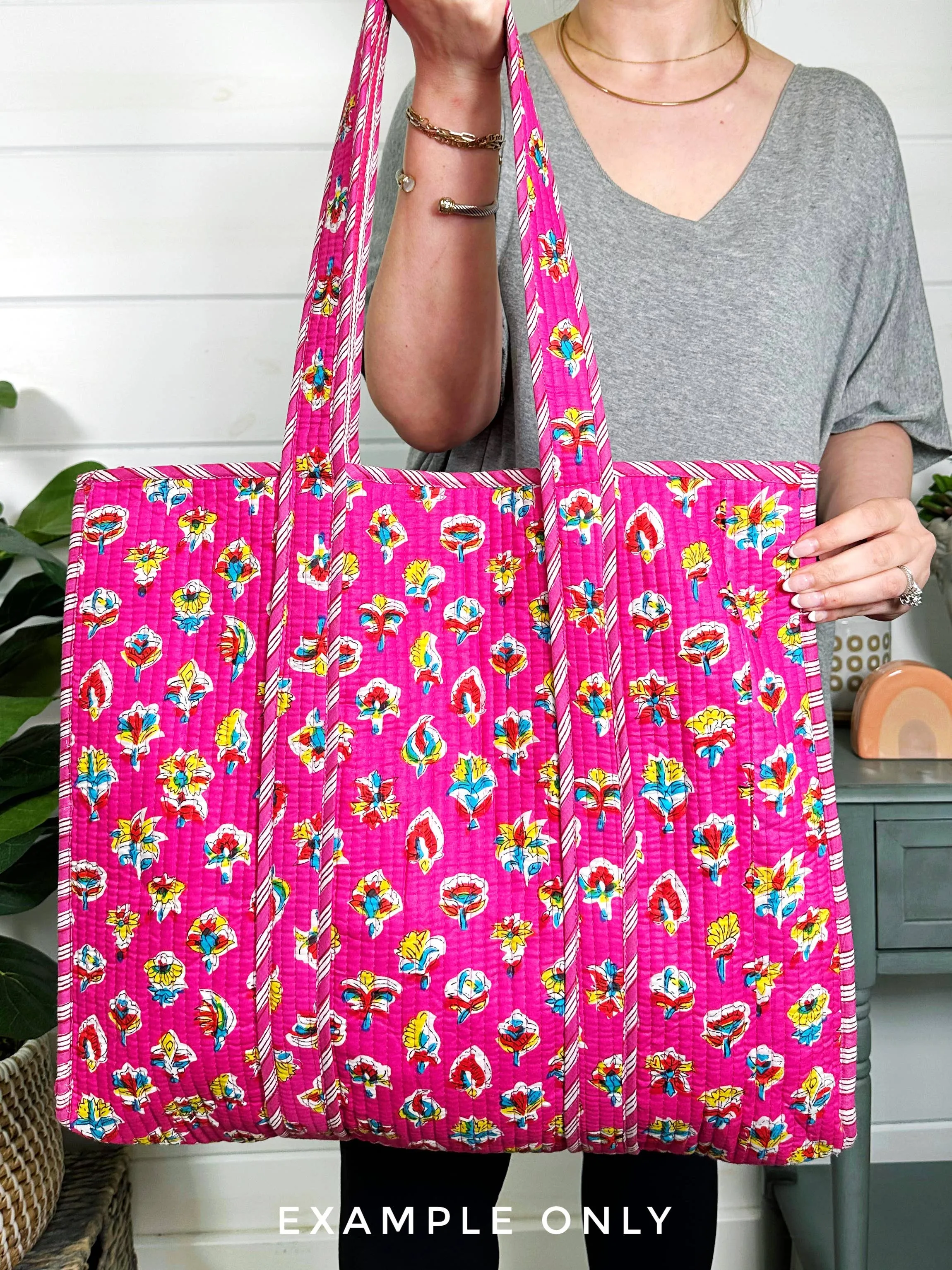 Cotton Quilted Block Print Tote Bag - Aqua Blue Ikat Tie Dye