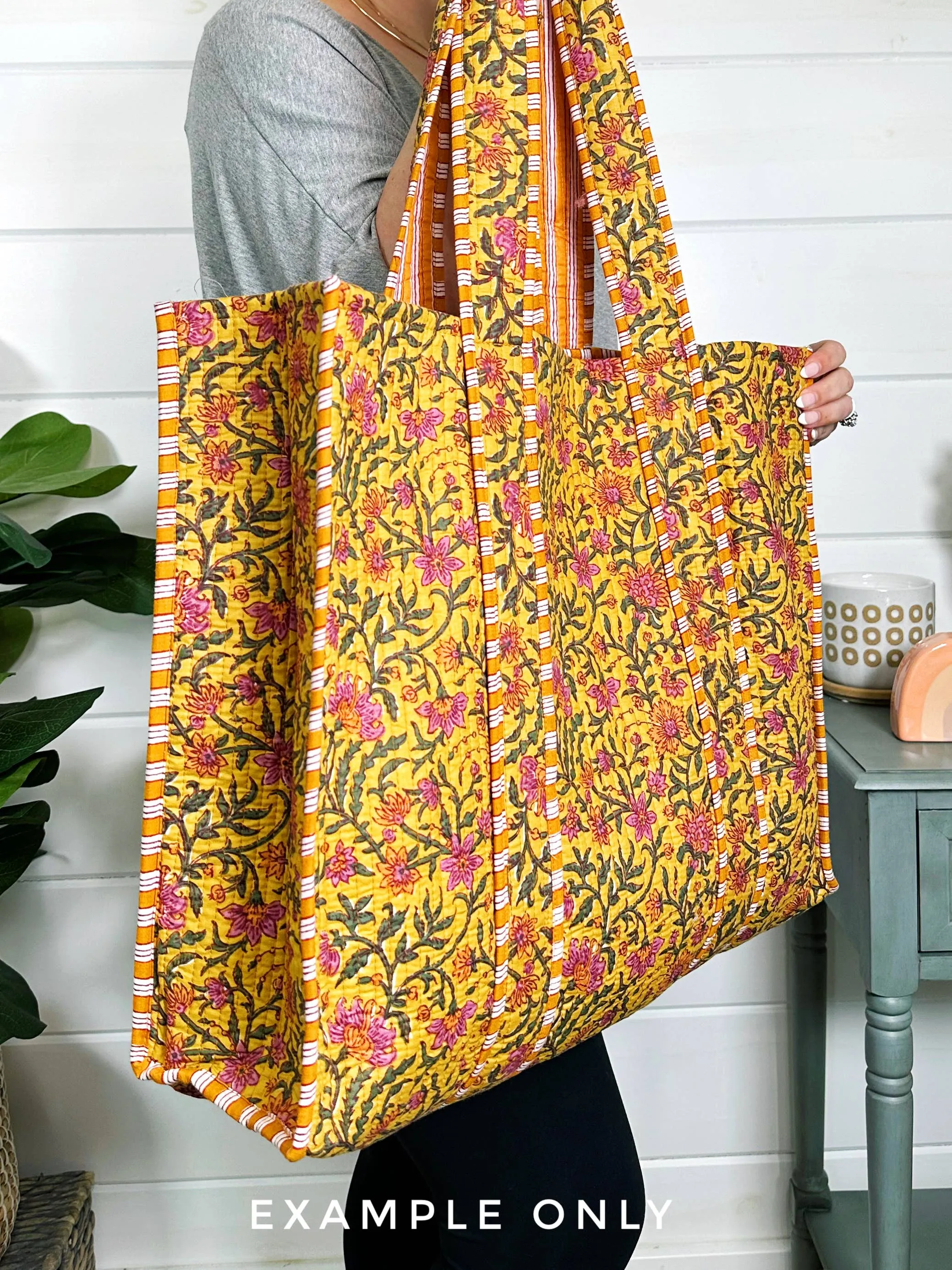 Cotton Quilted Block Print Tote Bag - Aqua Blue Ikat Tie Dye