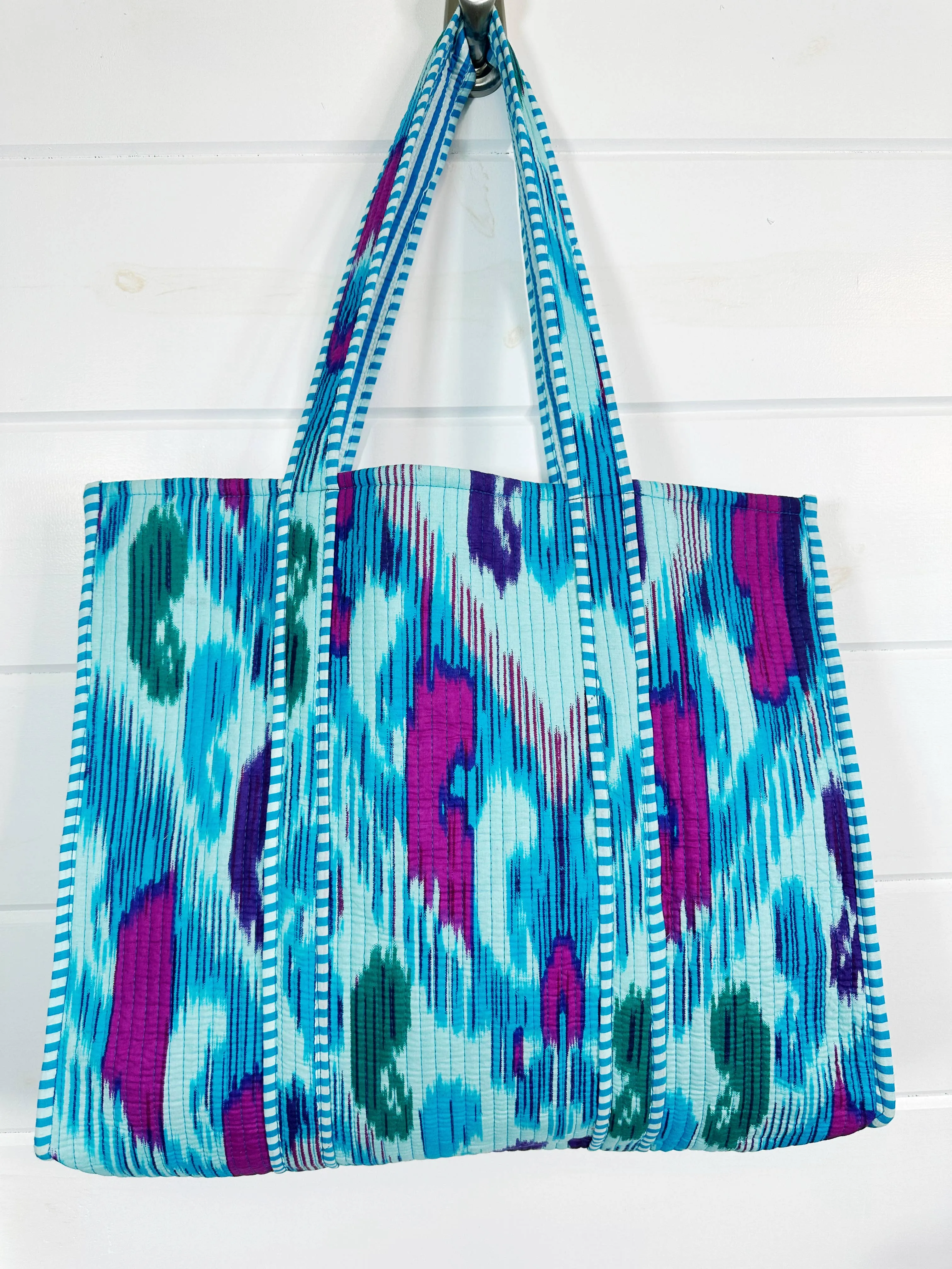 Cotton Quilted Block Print Tote Bag - Aqua Blue Ikat Tie Dye