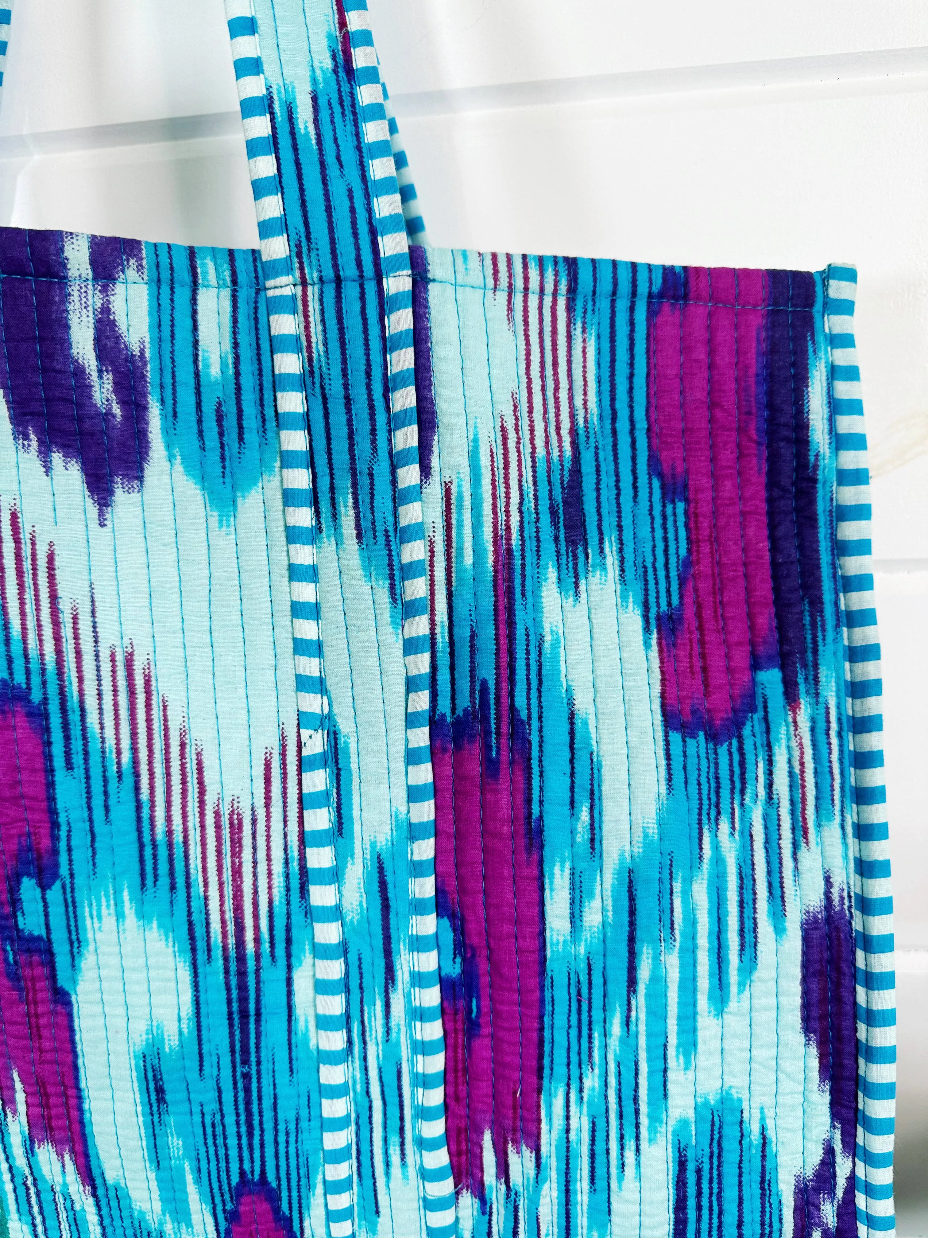 Cotton Quilted Block Print Tote Bag - Aqua Blue Ikat Tie Dye