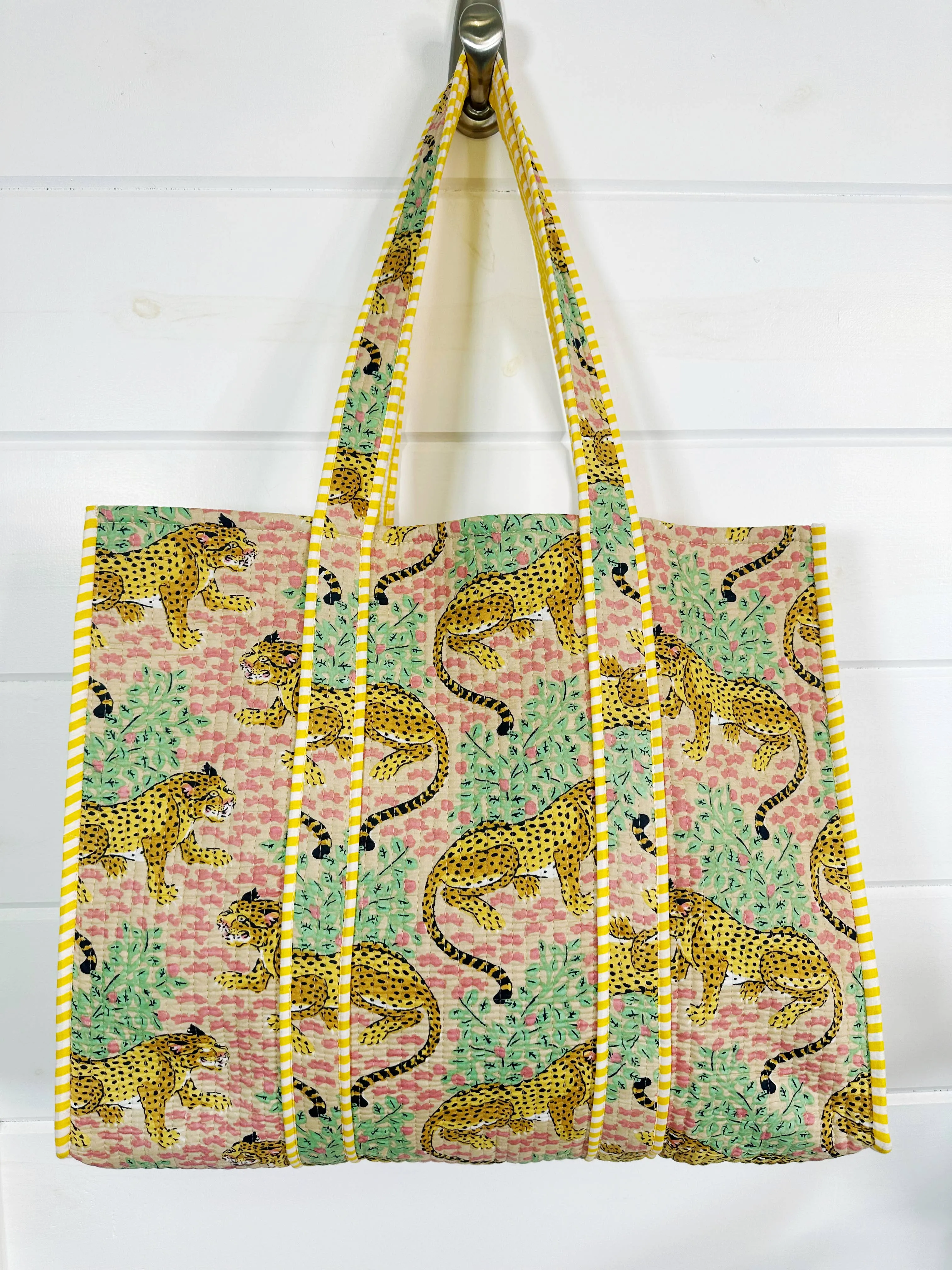 Cotton Quilted Block Print Tote Bag - Beige Jaguars Leopards