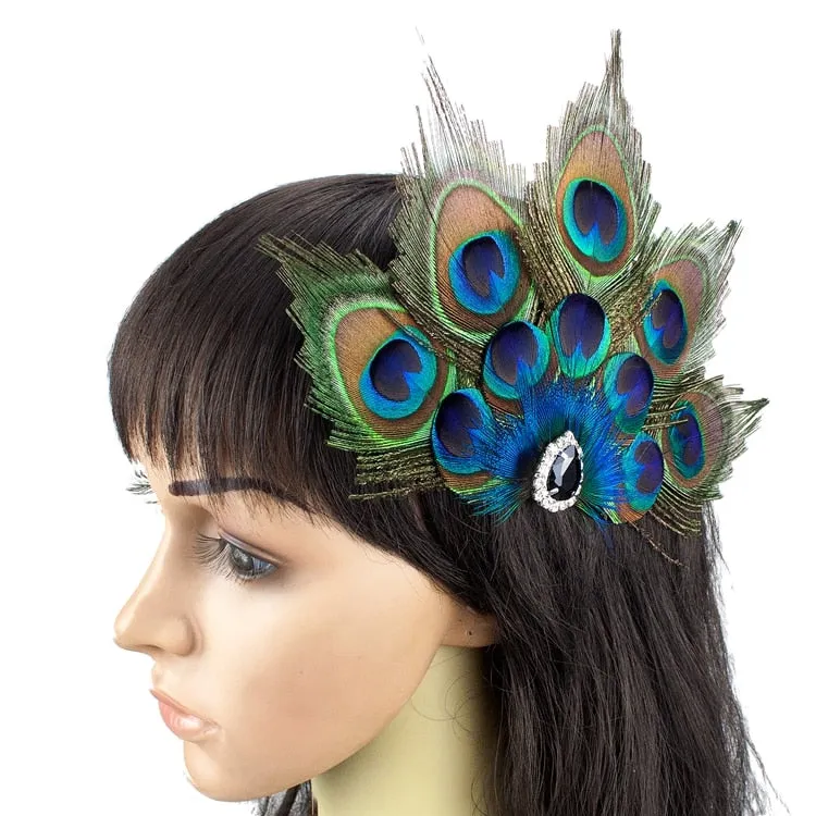 Deco Crystal Peacock Feather Fascinator