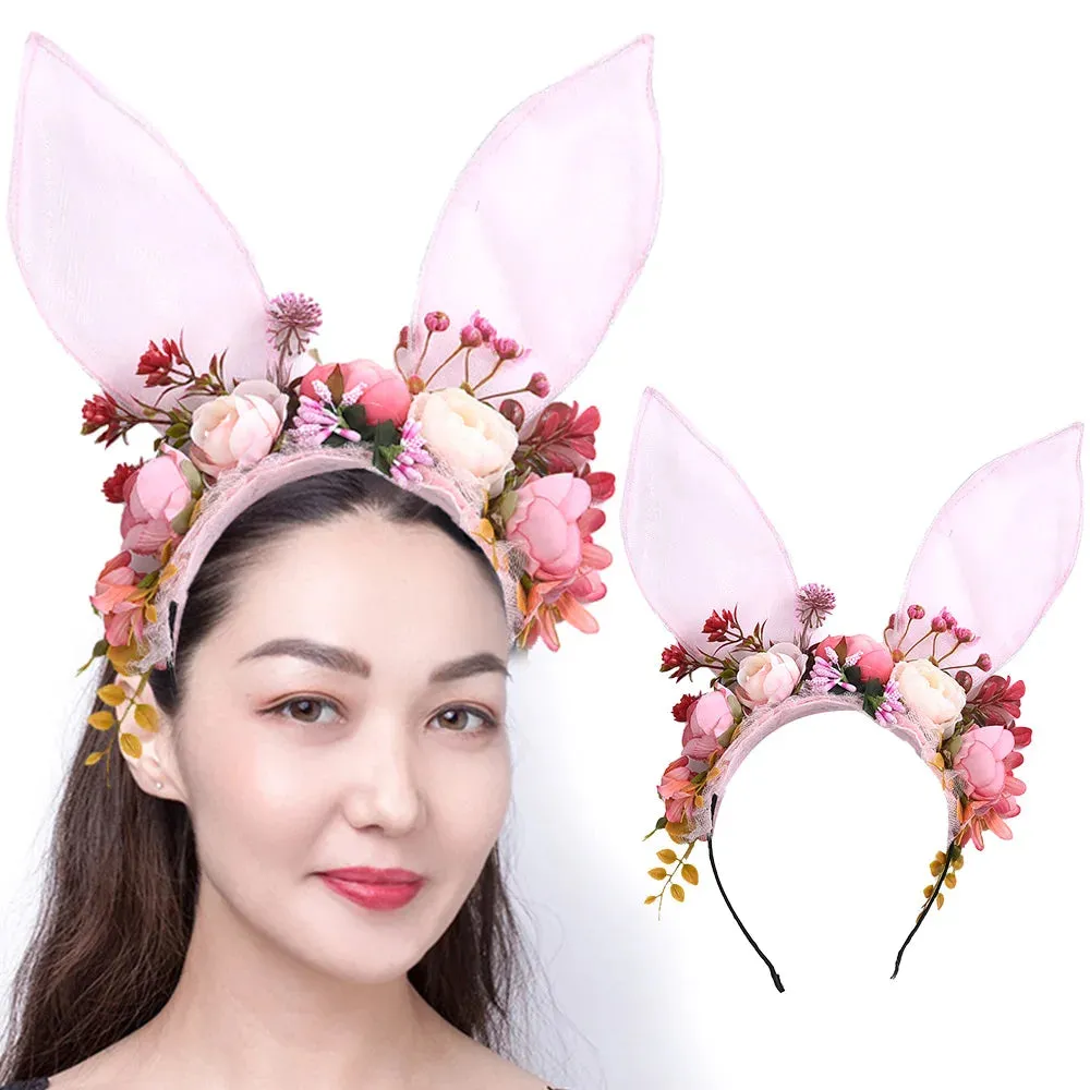 Easter Bunny Ears Mesh Flower Crown Rabbit Headband Easter Hat Parade