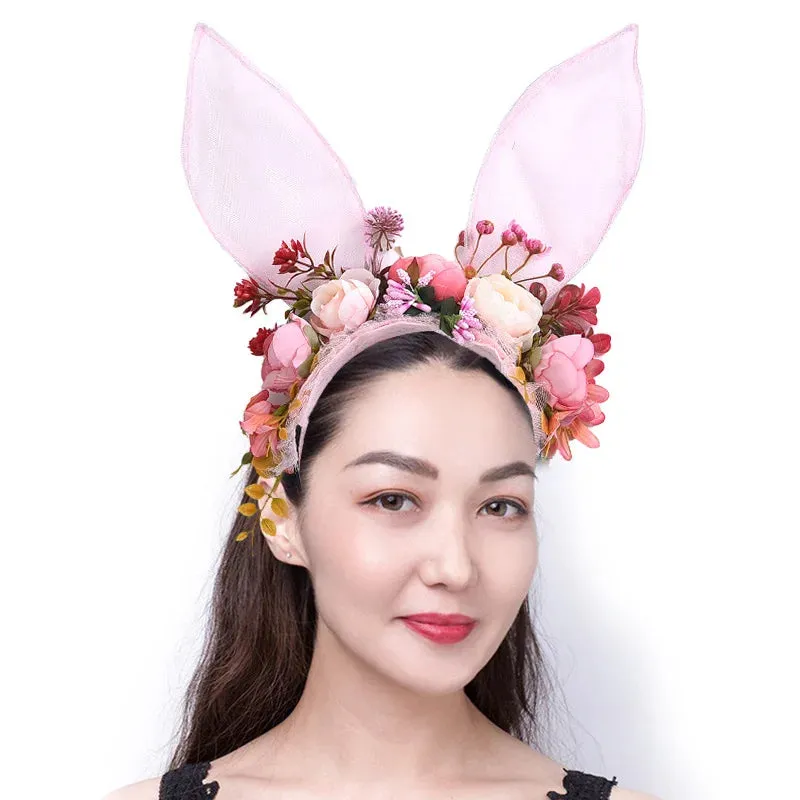 Easter Bunny Ears Mesh Flower Crown Rabbit Headband Easter Hat Parade