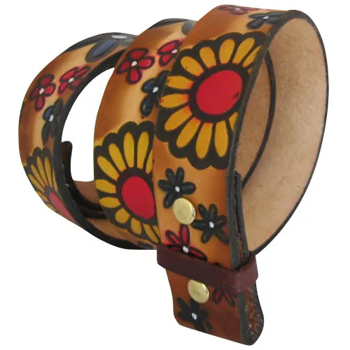 Embossed Daisies Brown (multi-color)- Genuine Tooled Leather Interchangeable Belt Strap. STRAP ONLY!