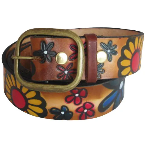 Embossed Daisies Brown (multi-color)- Genuine Tooled Leather Interchangeable Belt Strap. STRAP ONLY!
