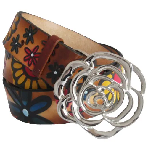 Embossed Daisies Brown (multi-color)- Genuine Tooled Leather Interchangeable Belt Strap. STRAP ONLY!
