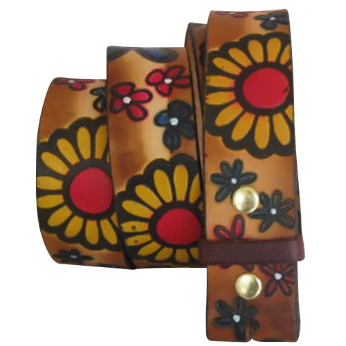 Embossed Daisies Brown (multi-color)- Genuine Tooled Leather Interchangeable Belt Strap. STRAP ONLY!