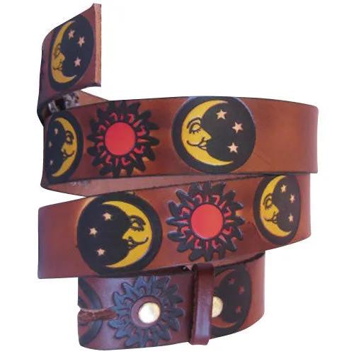 Embossed Sun & Moon Brown- Genuine Tooled Leather Interchangeable Belt Strap. STRAP ONLY!