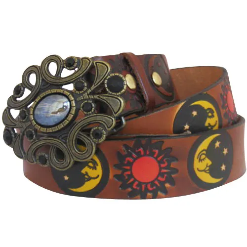 Embossed Sun & Moon Brown- Genuine Tooled Leather Interchangeable Belt Strap. STRAP ONLY!