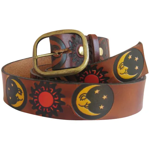 Embossed Sun & Moon Brown- Genuine Tooled Leather Interchangeable Belt Strap. STRAP ONLY!