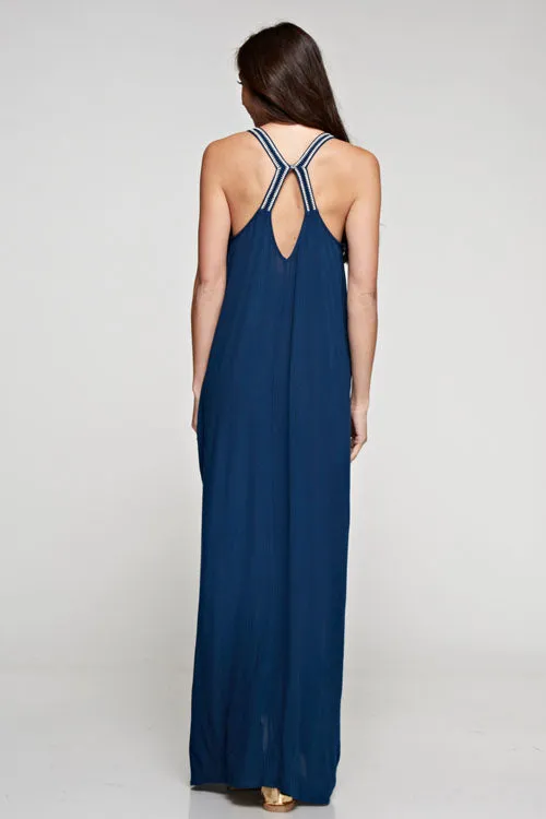 Embroidered Neckline Maxi Dress