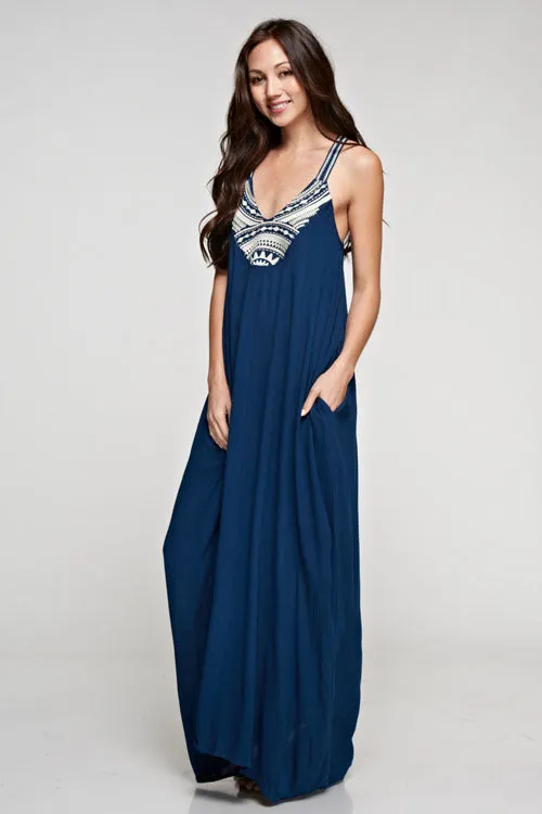 Embroidered Neckline Maxi Dress