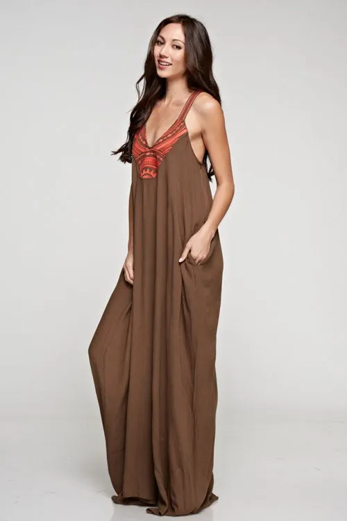Embroidered Neckline Maxi Dress
