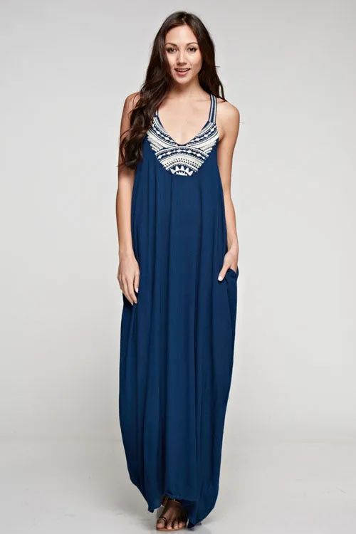 Embroidered Neckline Maxi Dress
